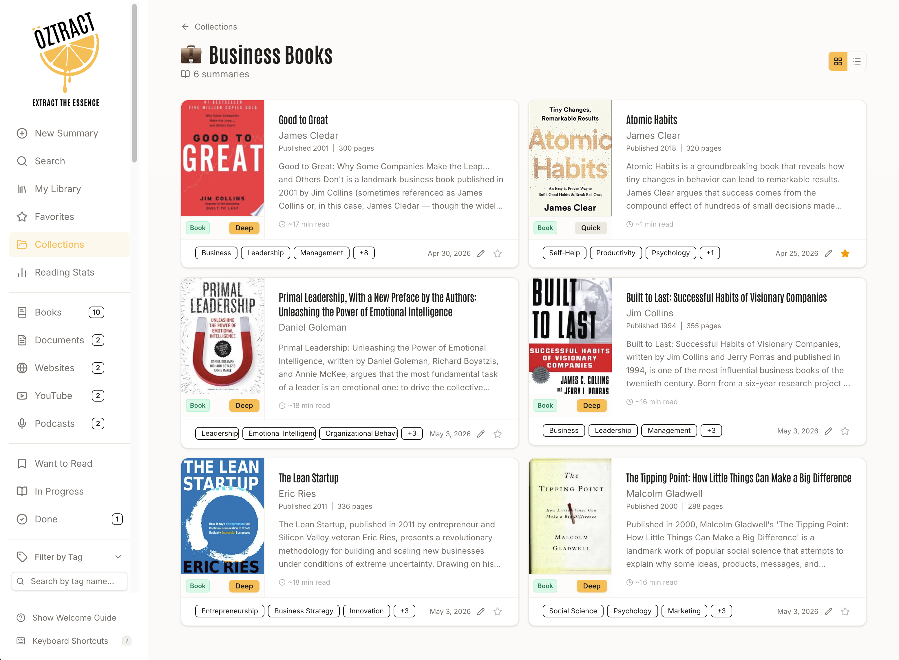 Öztract interface showing a Business Books collection with covers and summaries
